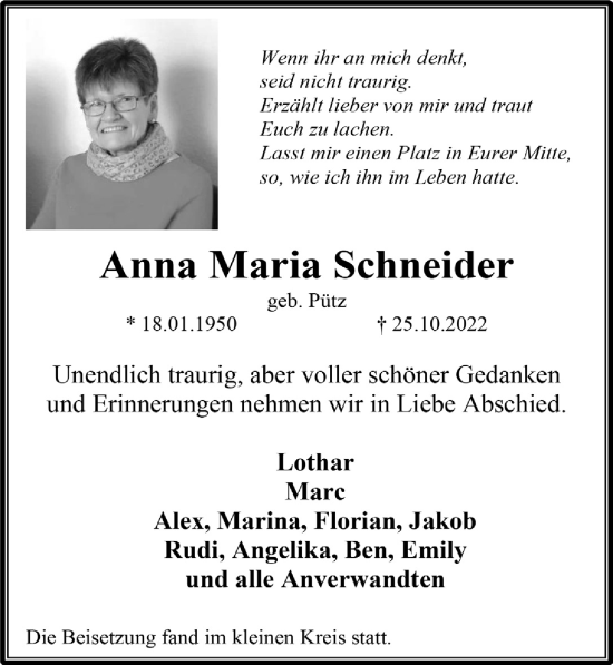 Anzeige von Anna Maria Schneider von  Wochenende 