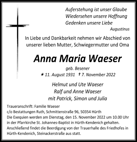 Anzeige von Anna Maria Waeser von  Wochenende 