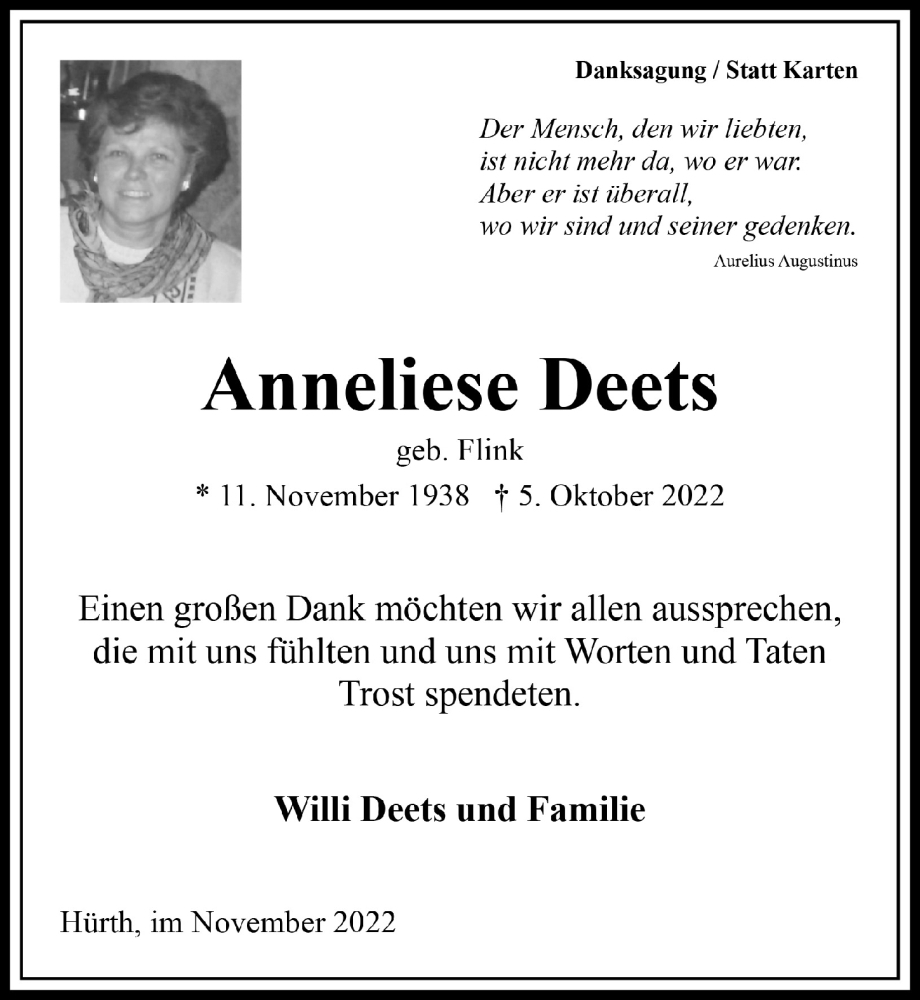  Traueranzeige für Anneliese Deets vom 04.11.2022 aus  Wochenende 