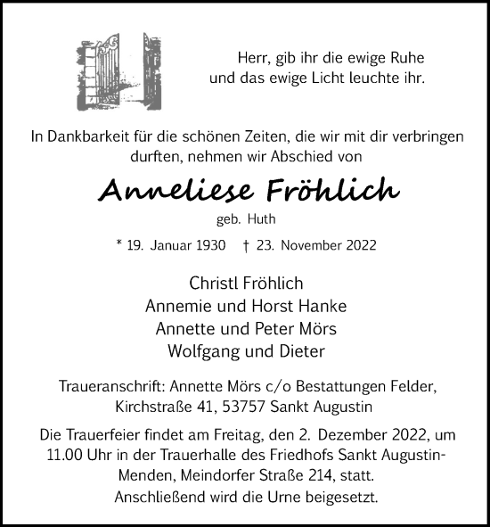 Anzeige von Anneliese Fröhlich von Kölner Stadt-Anzeiger / Kölnische Rundschau / Express