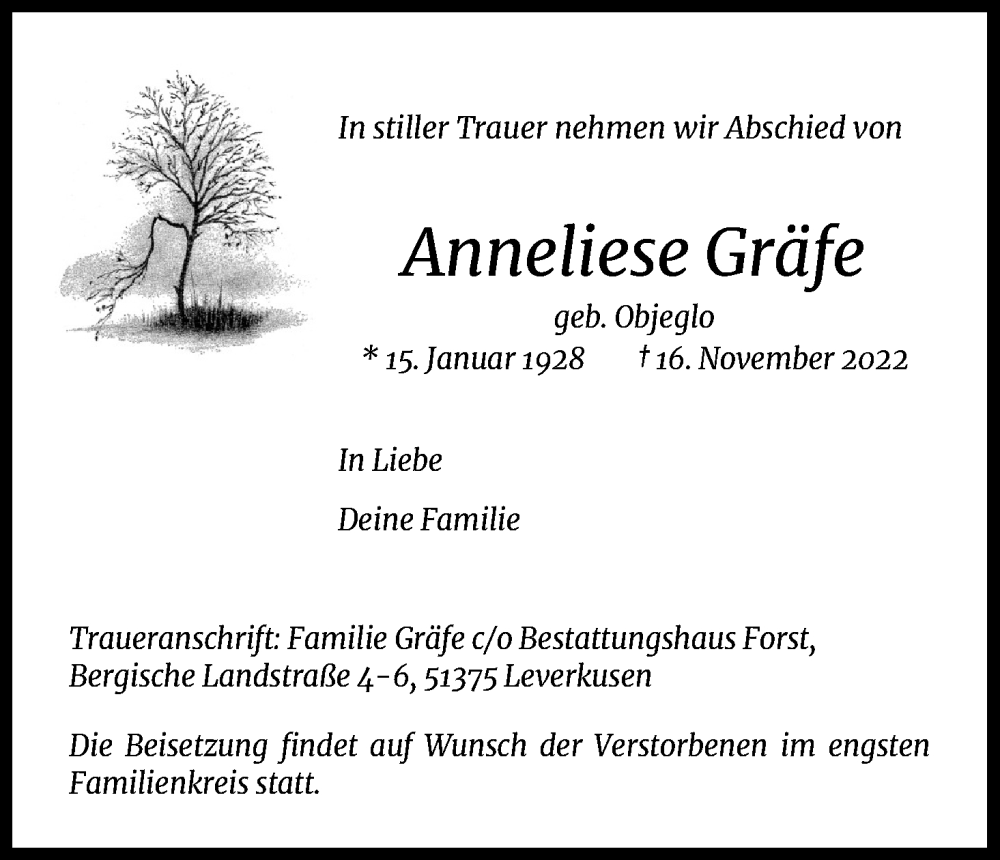  Traueranzeige für Anneliese Gräfe vom 19.11.2022 aus Kölner Stadt-Anzeiger / Kölnische Rundschau / Express