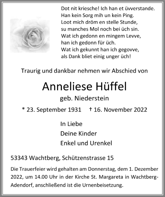 Anzeige von Anneliese Hüffel von  Schaufenster/Blickpunkt 