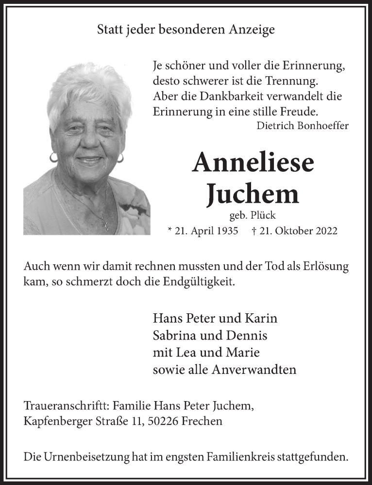  Traueranzeige für Anneliese Juchem vom 04.11.2022 aus  Wochenende 