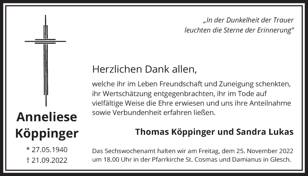  Traueranzeige für Anneliese Köppinger vom 18.11.2022 aus  Werbepost 