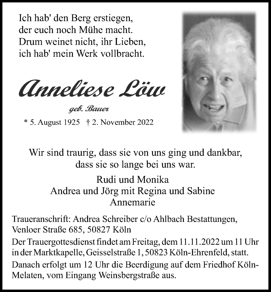  Traueranzeige für Anneliese Löw vom 05.11.2022 aus Kölner Stadt-Anzeiger / Kölnische Rundschau / Express