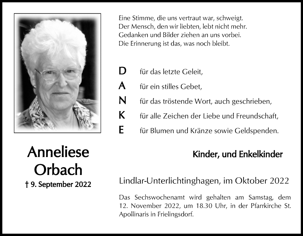  Traueranzeige für Anneliese Orbach vom 05.11.2022 aus Kölner Stadt-Anzeiger / Kölnische Rundschau / Express