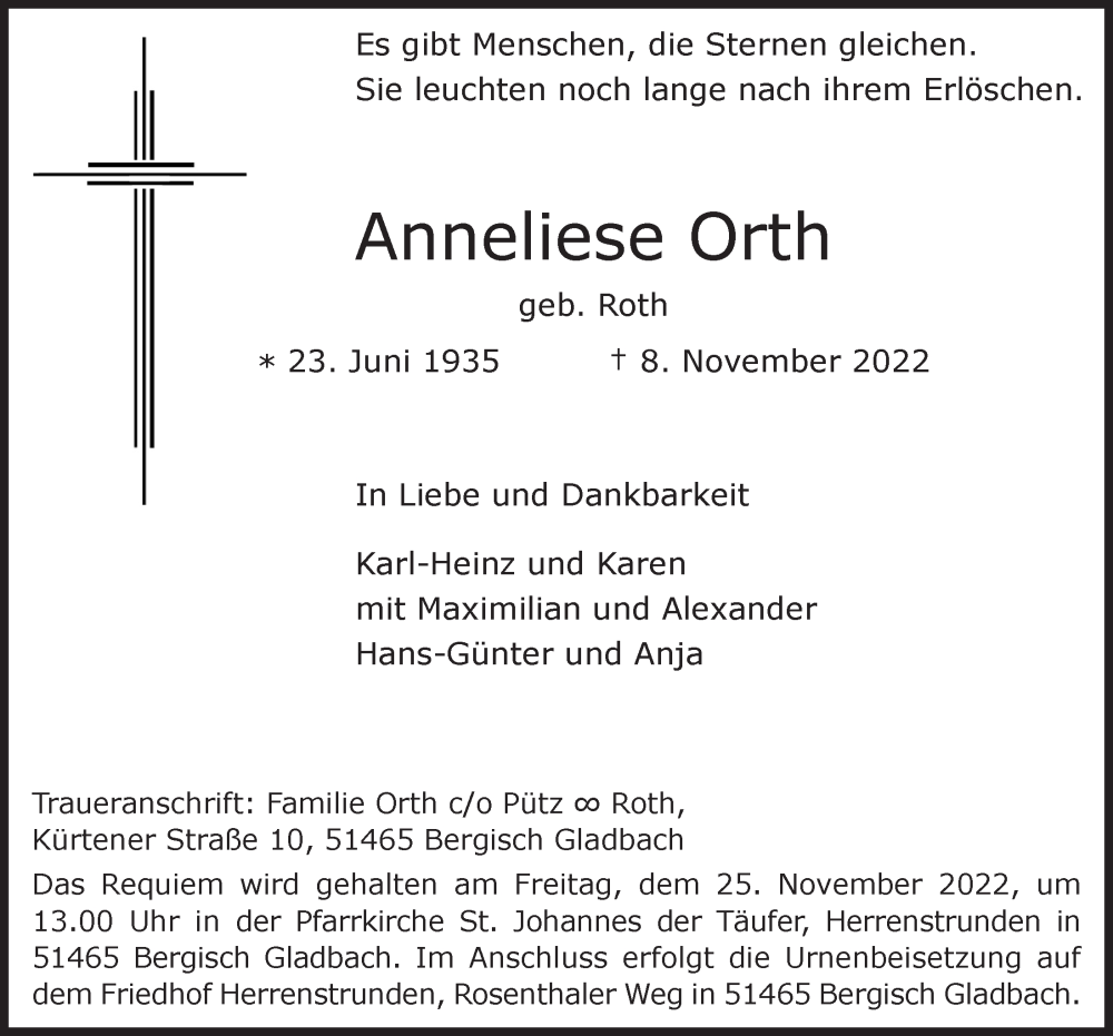  Traueranzeige für Anneliese Orth vom 18.11.2022 aus  Bergisches Handelsblatt 