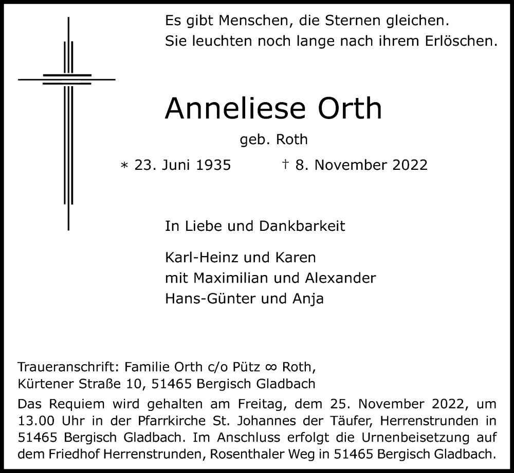  Traueranzeige für Anneliese Orth vom 19.11.2022 aus Kölner Stadt-Anzeiger / Kölnische Rundschau / Express