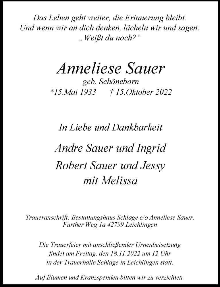  Traueranzeige für Anneliese Sauer vom 11.11.2022 aus  Lokale Informationen 