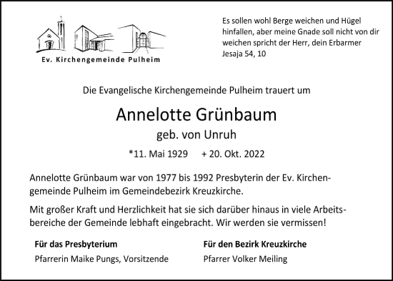 Anzeige von Annelotte Grünbaum von  Wochenende 