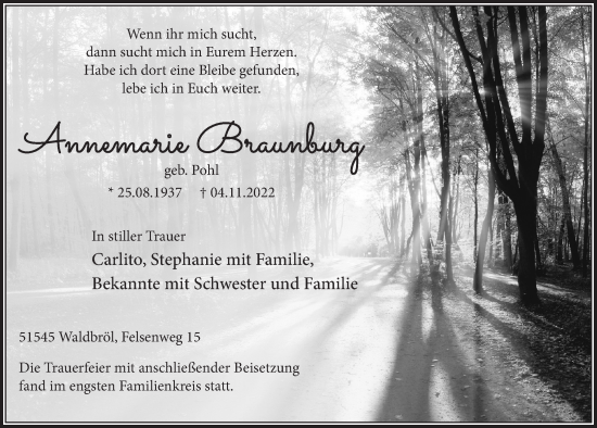 Anzeige von Annemarie Braunburg von  Lokalanzeiger 