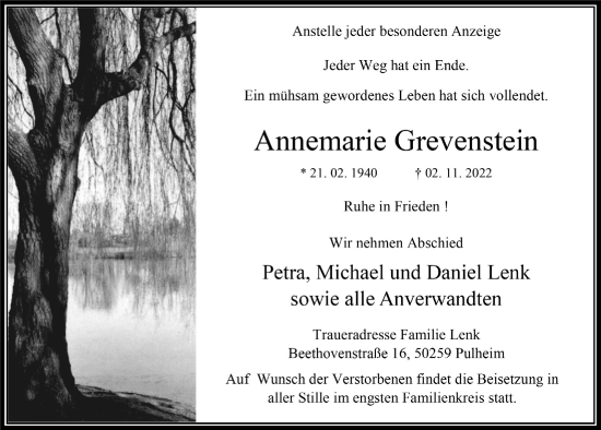 Anzeige von Annemarie Grevenstein von  Wochenende 