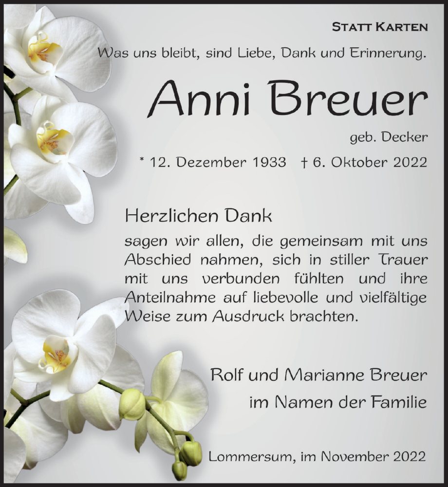  Traueranzeige für Anni Breuer vom 05.11.2022 aus  Blickpunkt Euskirchen 