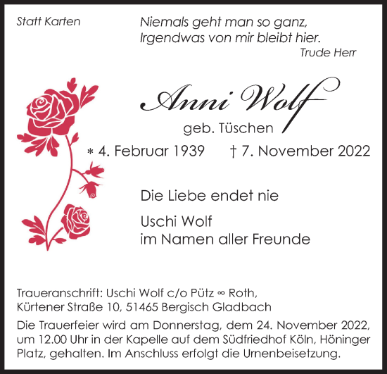 Anzeige von Anni Wolf von Kölner Stadt-Anzeiger / Kölnische Rundschau / Express
