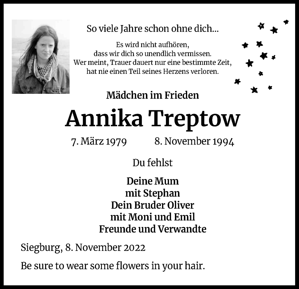  Traueranzeige für Annika Treptow vom 08.11.2022 aus Kölner Stadt-Anzeiger / Kölnische Rundschau / Express