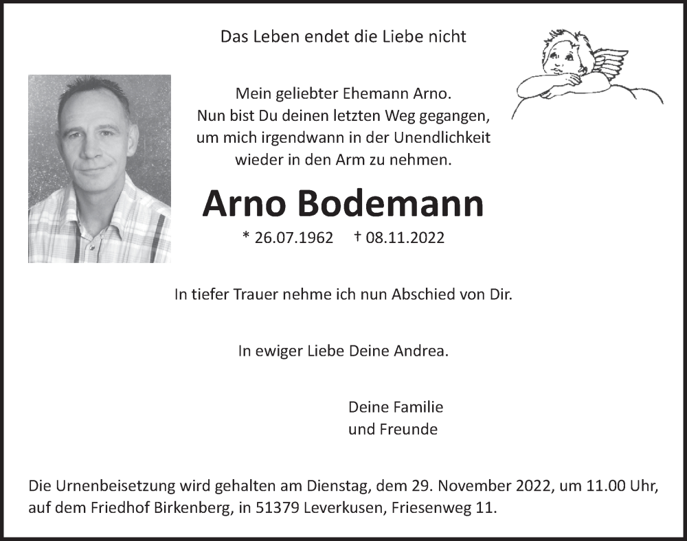  Traueranzeige für Arno Bodemann vom 18.11.2022 aus  Lokale Informationen 