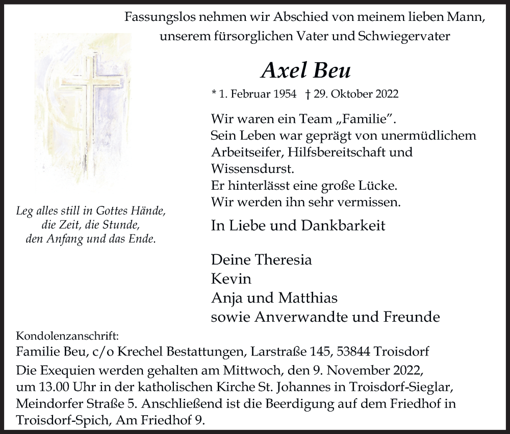  Traueranzeige für Axel Beu vom 05.11.2022 aus Kölner Stadt-Anzeiger / Kölnische Rundschau / Express