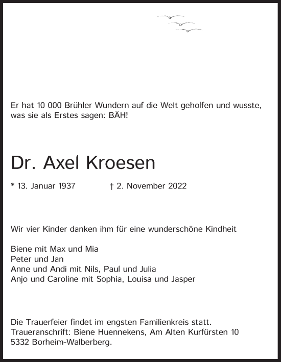 Anzeige von Axel Kroesen von Kölner Stadt-Anzeiger / Kölnische Rundschau / Express