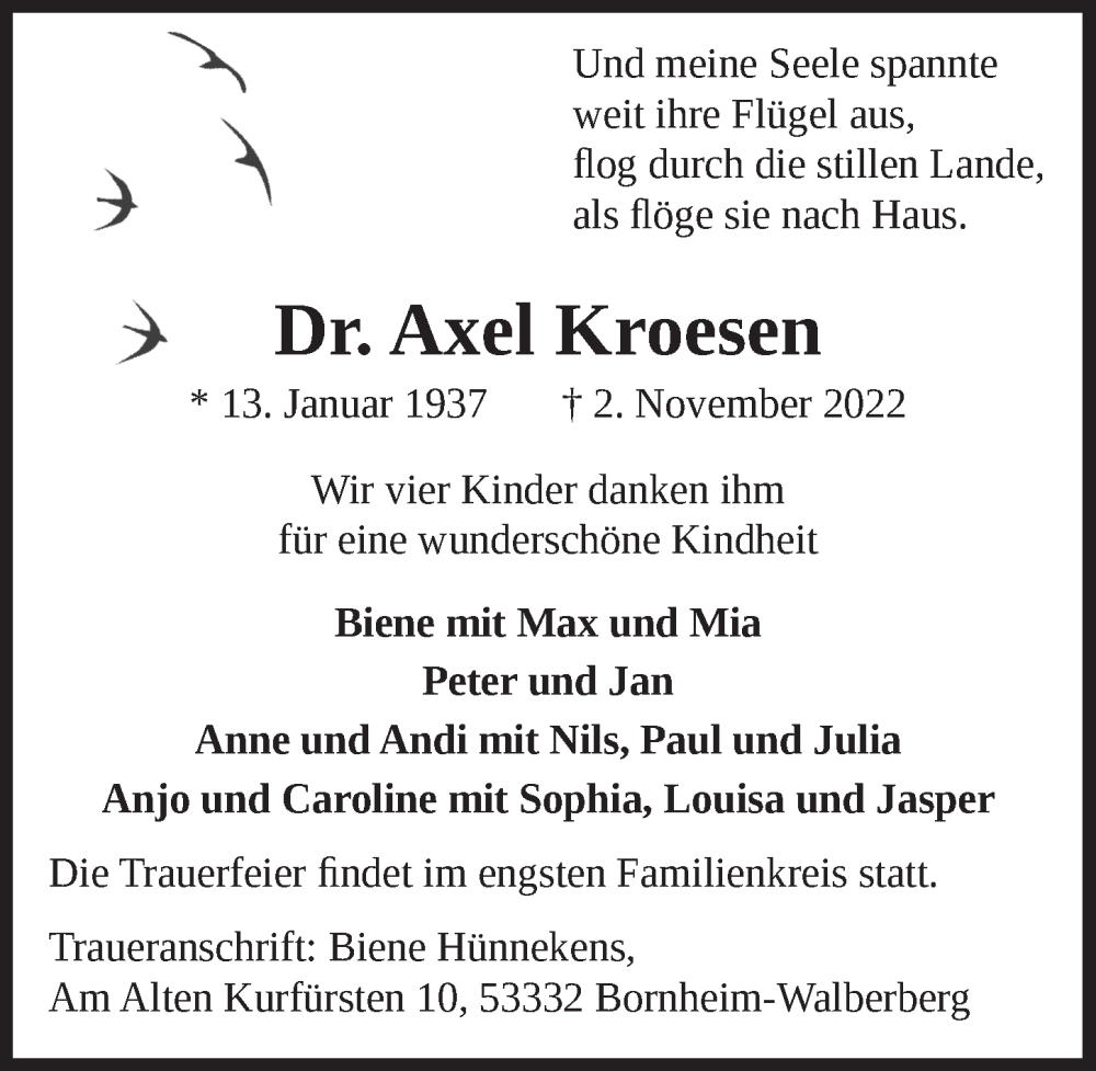  Traueranzeige für Axel Kroesen vom 11.11.2022 aus  Schlossbote/Werbekurier 
