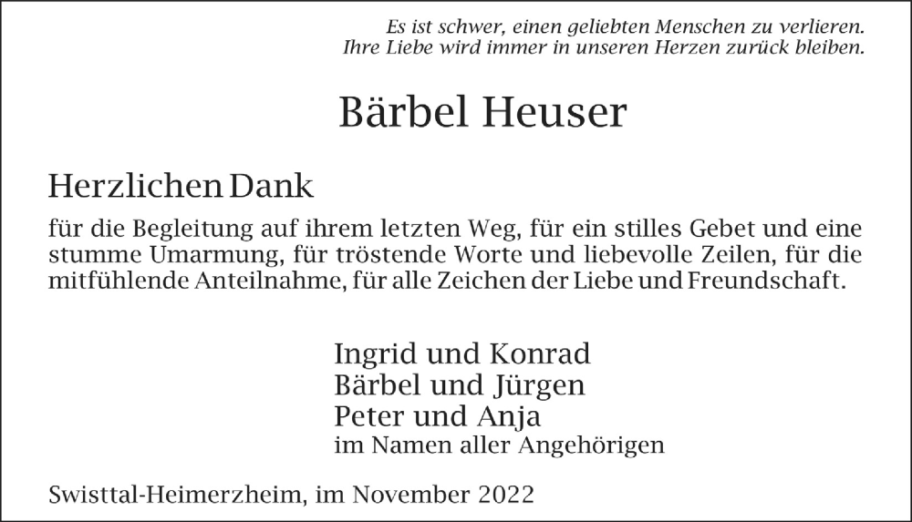 Traueranzeige für Bärbel Heuser vom 04.11.2022 aus  Schaufenster/Blickpunkt 