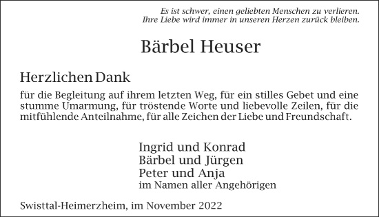 Anzeige von Bärbel Heuser von  Schaufenster/Blickpunkt 