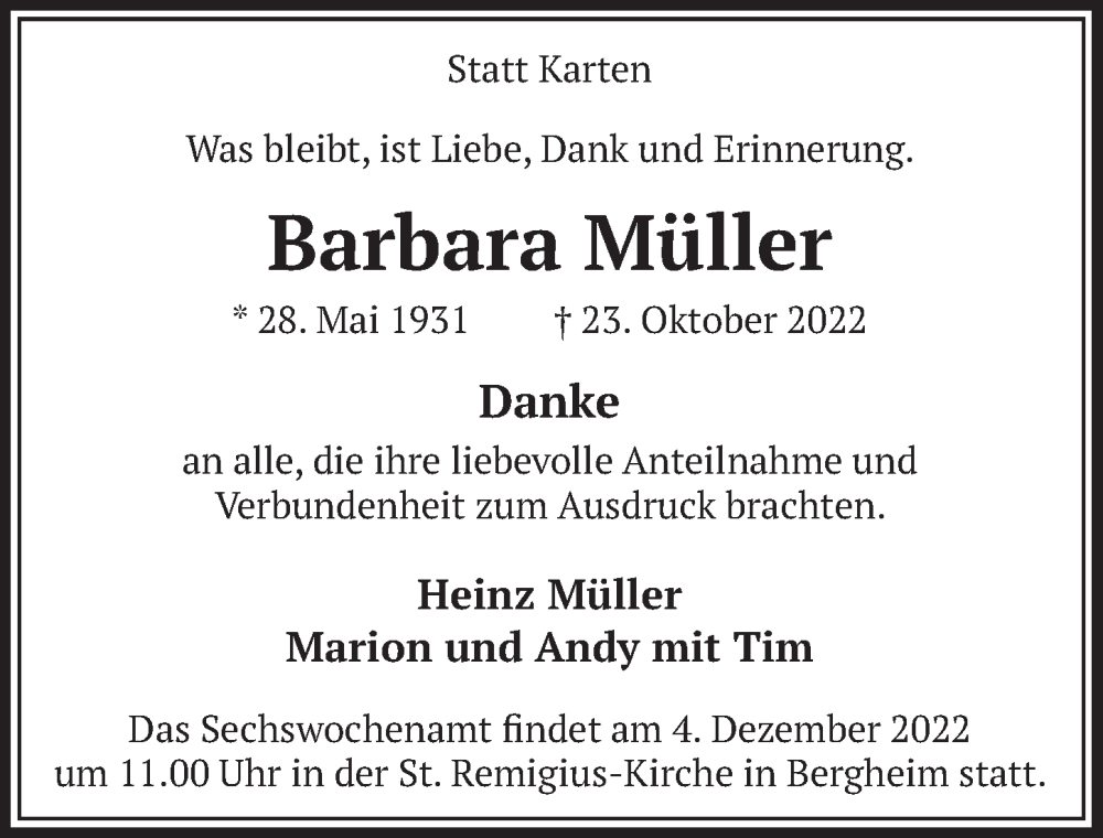  Traueranzeige für Barbara Müller vom 25.11.2022 aus  Werbepost 