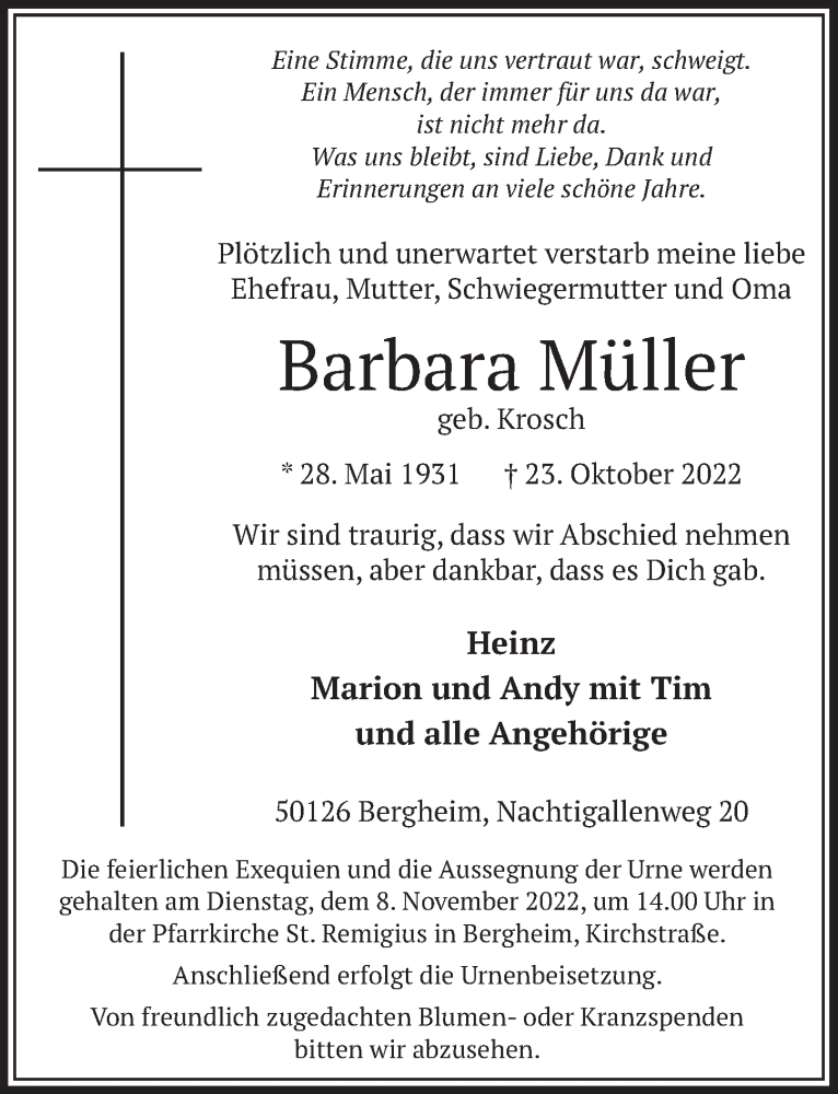  Traueranzeige für Barbara Müller vom 04.11.2022 aus  Werbepost 