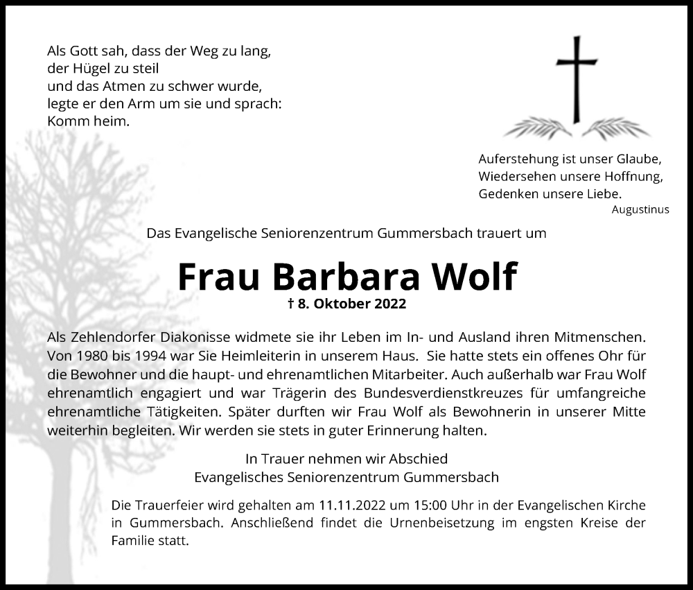  Traueranzeige für Barbara Wolf vom 07.11.2022 aus Kölner Stadt-Anzeiger / Kölnische Rundschau / Express
