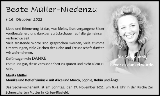 Anzeige von Beate Müller-Niedenzu von Kölner Stadt-Anzeiger / Kölnische Rundschau / Express