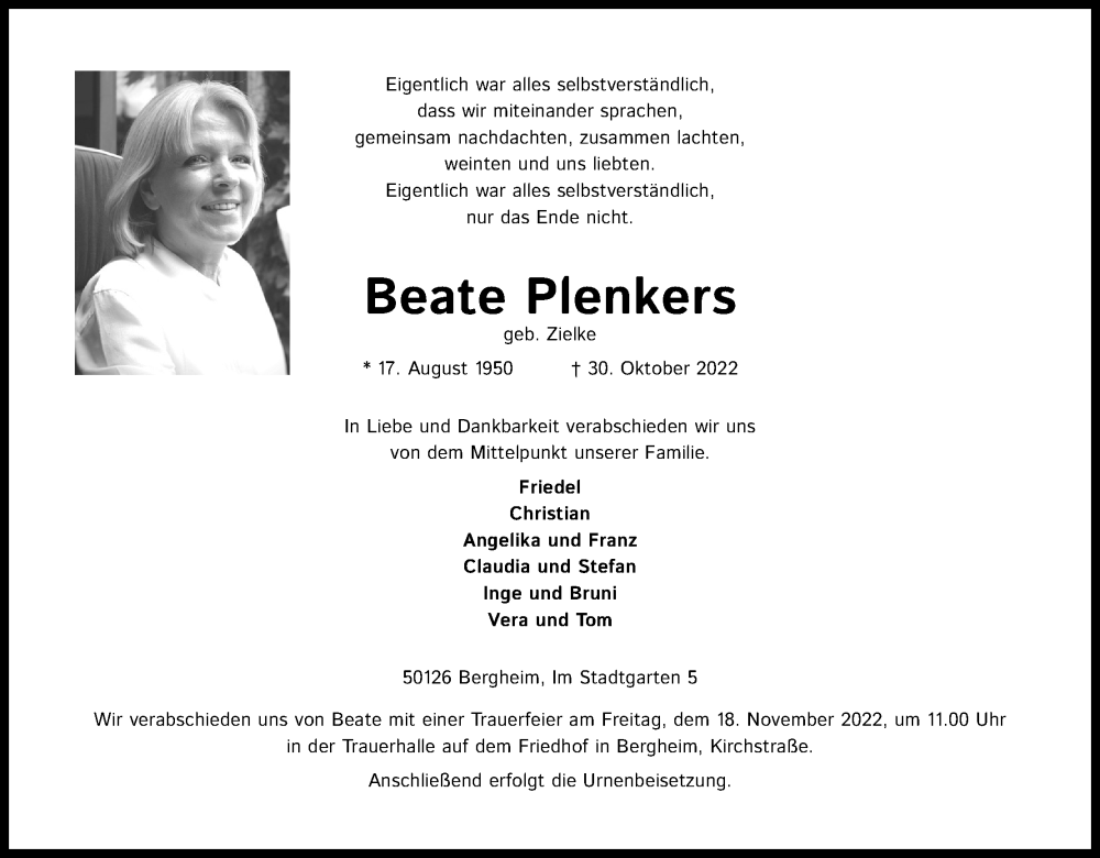  Traueranzeige für Beate Plenkers vom 12.11.2022 aus Kölner Stadt-Anzeiger / Kölnische Rundschau / Express