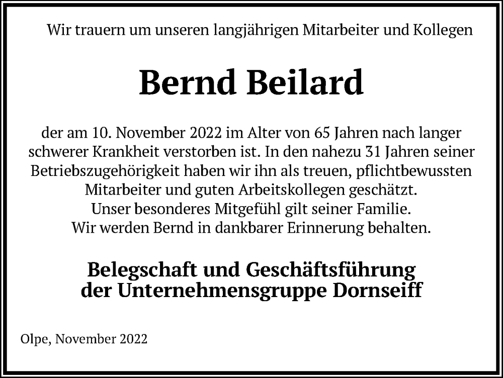  Traueranzeige für Bernd Beilard vom 19.11.2022 aus Kölner Stadt-Anzeiger / Kölnische Rundschau / Express