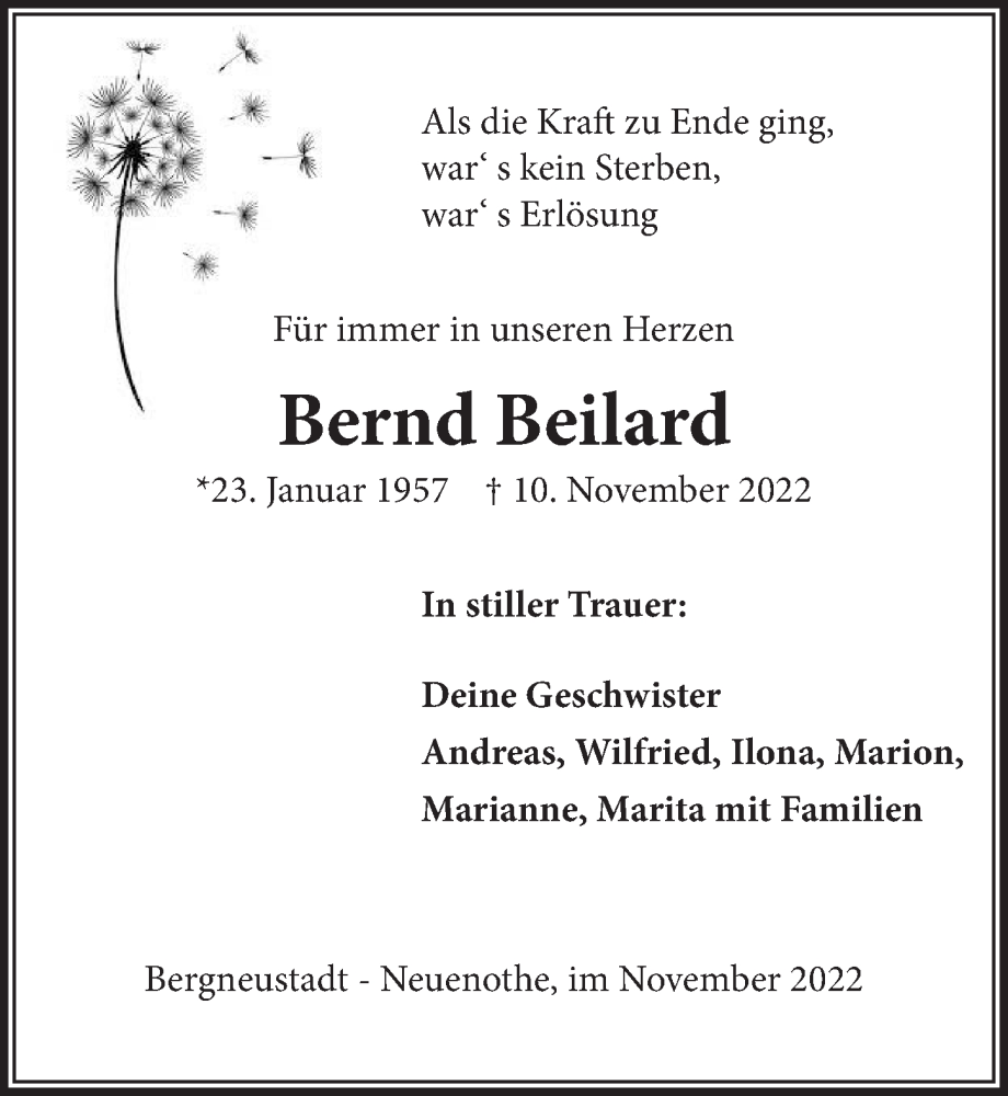  Traueranzeige für Bernd Beilard vom 18.11.2022 aus  Anzeigen Echo 