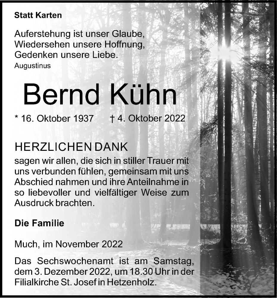  Traueranzeige für Bernd Kühn vom 05.11.2022 aus Kölner Stadt-Anzeiger / Kölnische Rundschau / Express