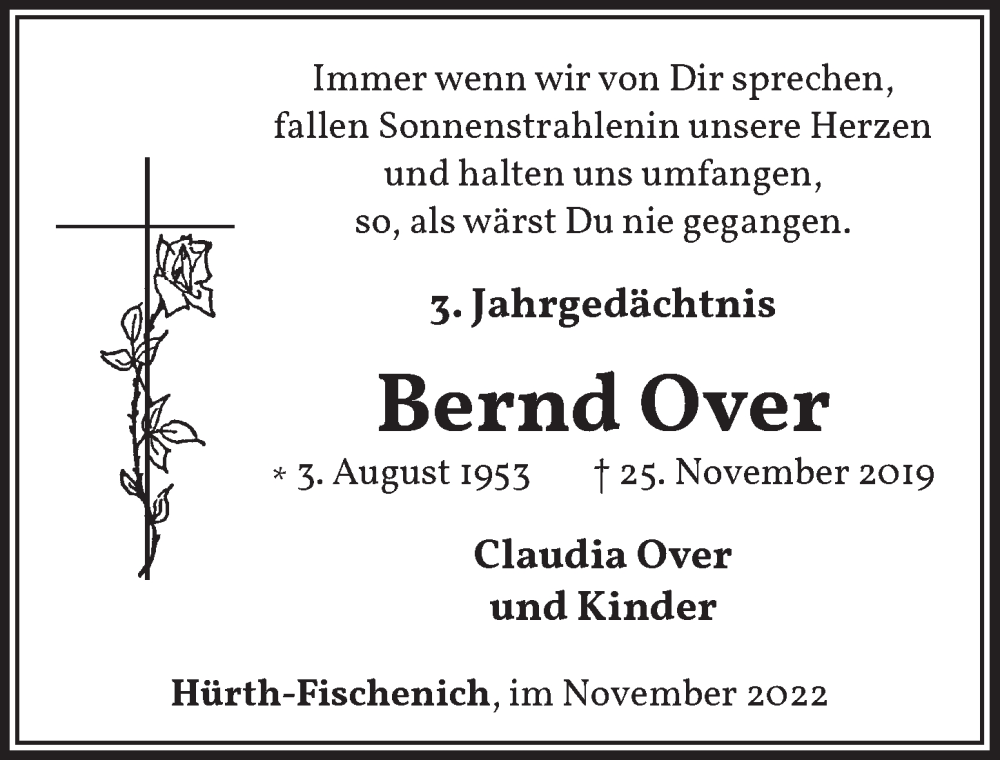  Traueranzeige für Bernd Over vom 25.11.2022 aus  Schlossbote/Werbekurier 