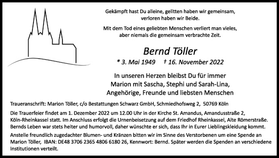 Anzeige von Bernd Töller von Kölner Stadt-Anzeiger / Kölnische Rundschau / Express
