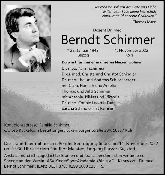 Anzeige von Berndt Schirmer von Kölner Stadt-Anzeiger / Kölnische Rundschau / Express