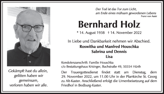 Anzeige von Bernhard Holz von  Wochenende  Werbepost 