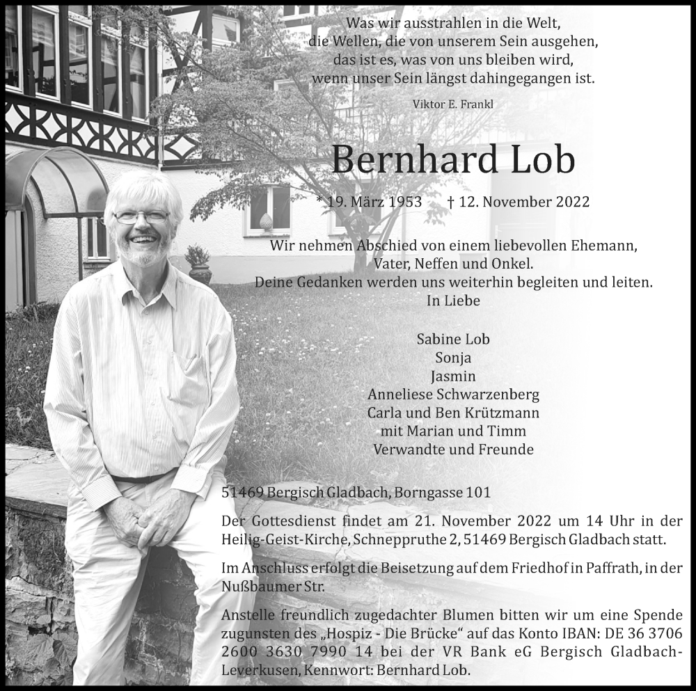  Traueranzeige für Bernhard Lob vom 19.11.2022 aus Kölner Stadt-Anzeiger / Kölnische Rundschau / Express