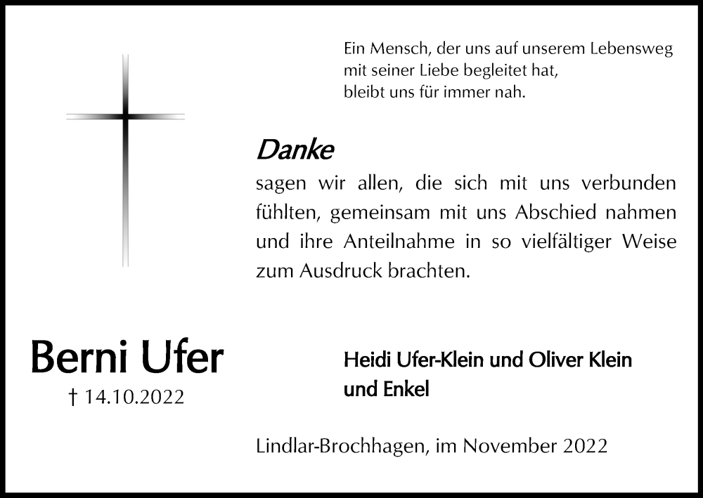  Traueranzeige für Berni Ufer vom 26.11.2022 aus Kölner Stadt-Anzeiger / Kölnische Rundschau / Express