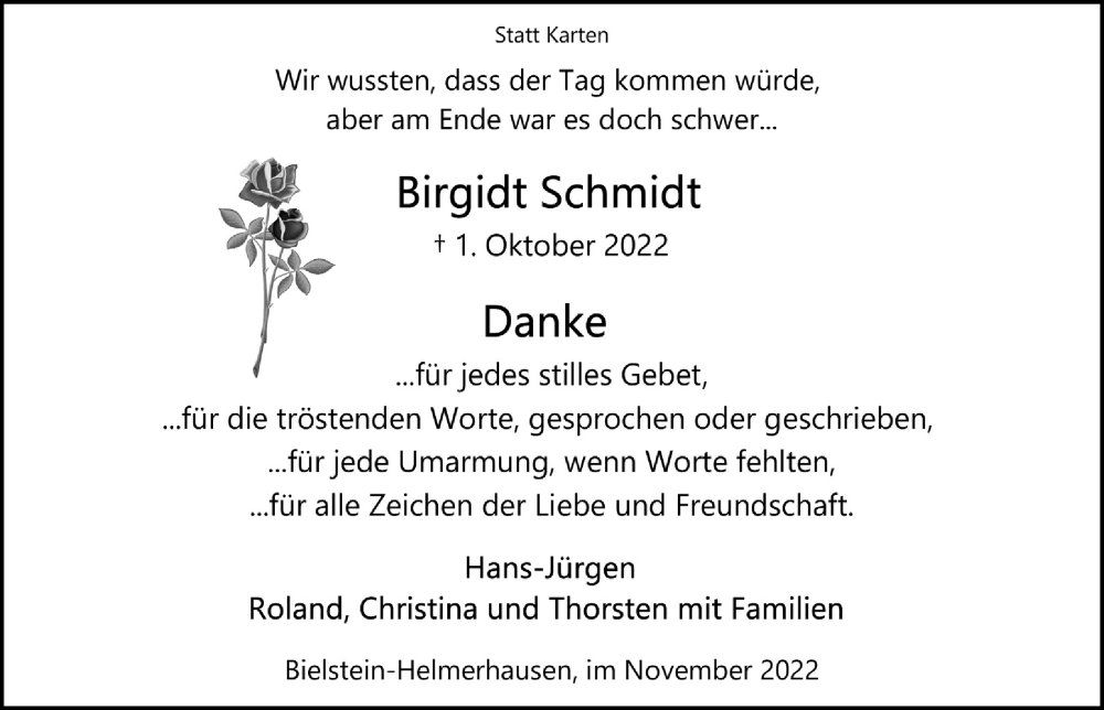  Traueranzeige für Birgidt Schmidt vom 11.11.2022 aus  Anzeigen Echo 