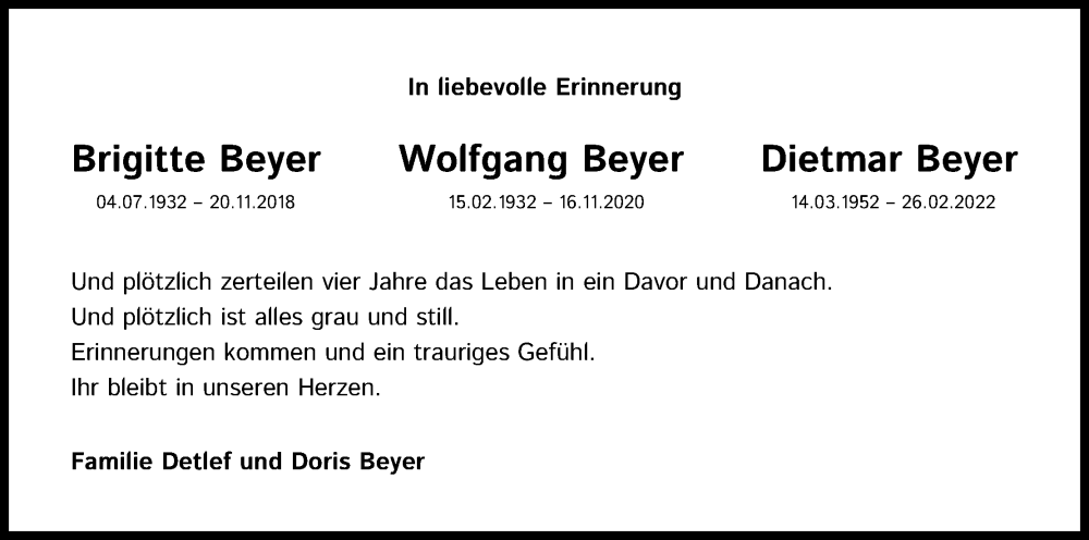  Traueranzeige für Brigitte Beyer vom 19.11.2022 aus Kölner Stadt-Anzeiger / Kölnische Rundschau / Express