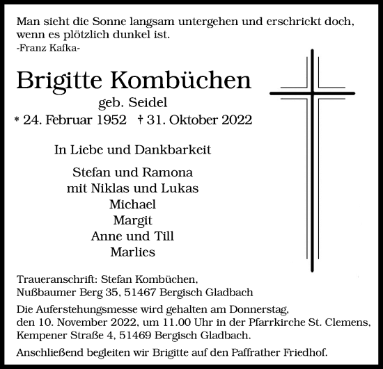 Anzeige von Brigitte Kombüchen von Kölner Stadt-Anzeiger / Kölnische Rundschau / Express