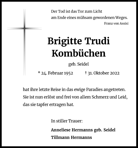 Anzeige von Brigitte Trudi Kombüchen von Kölner Stadt-Anzeiger / Kölnische Rundschau / Express