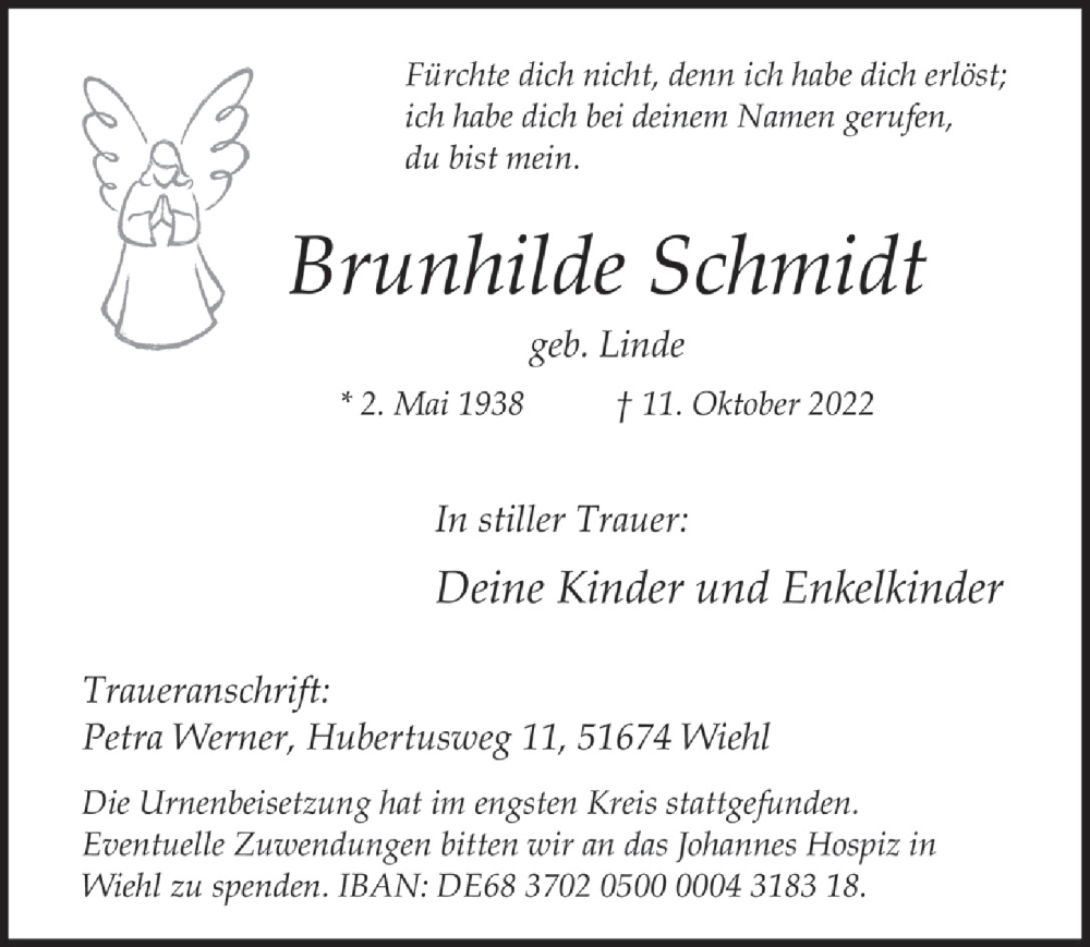  Traueranzeige für Brunhilde Schmidt vom 11.11.2022 aus  Anzeigen Echo 