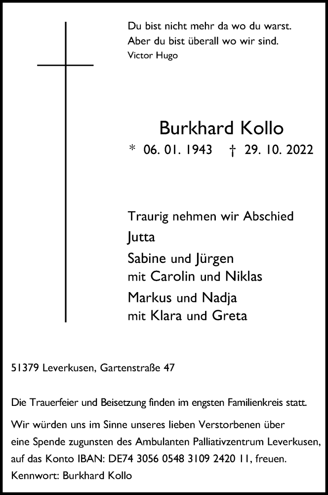  Traueranzeige für Burkhard Kollo vom 12.11.2022 aus Kölner Stadt-Anzeiger / Kölnische Rundschau / Express