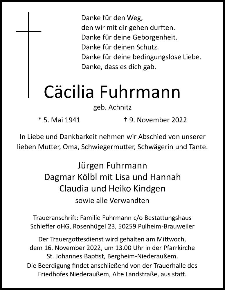  Traueranzeige für Cäcilia Fuhrmann vom 12.11.2022 aus Kölner Stadt-Anzeiger / Kölnische Rundschau / Express