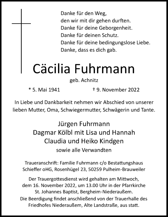 Anzeige von Cäcilia Fuhrmann von Kölner Stadt-Anzeiger / Kölnische Rundschau / Express