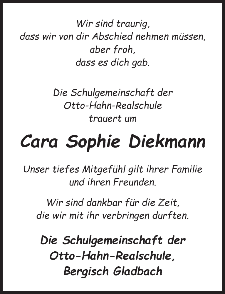  Traueranzeige für Cara Sophie Diekmann vom 18.11.2022 aus  Bergisches Handelsblatt 