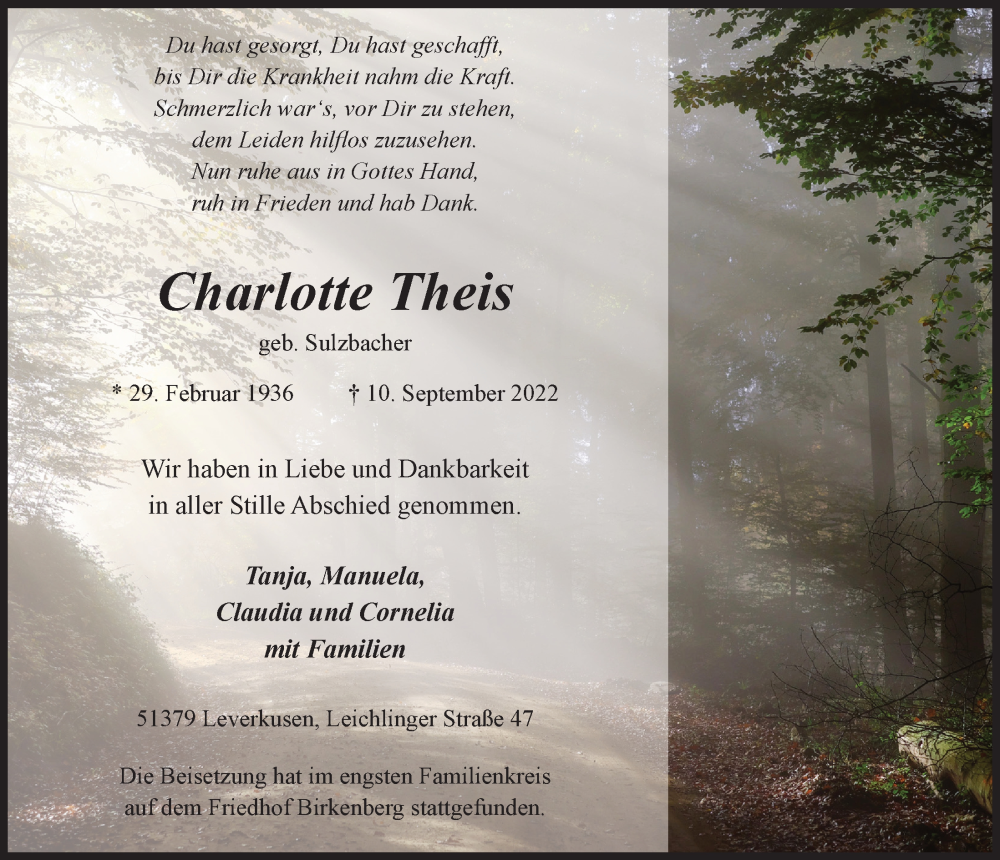  Traueranzeige für Charlotte Theis vom 11.11.2022 aus  Lokale Informationen 