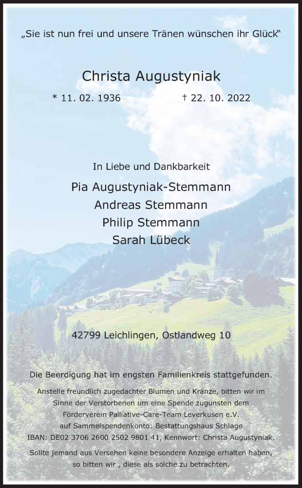  Traueranzeige für Christa Augustyniak vom 05.11.2022 aus Kölner Stadt-Anzeiger / Kölnische Rundschau / Express